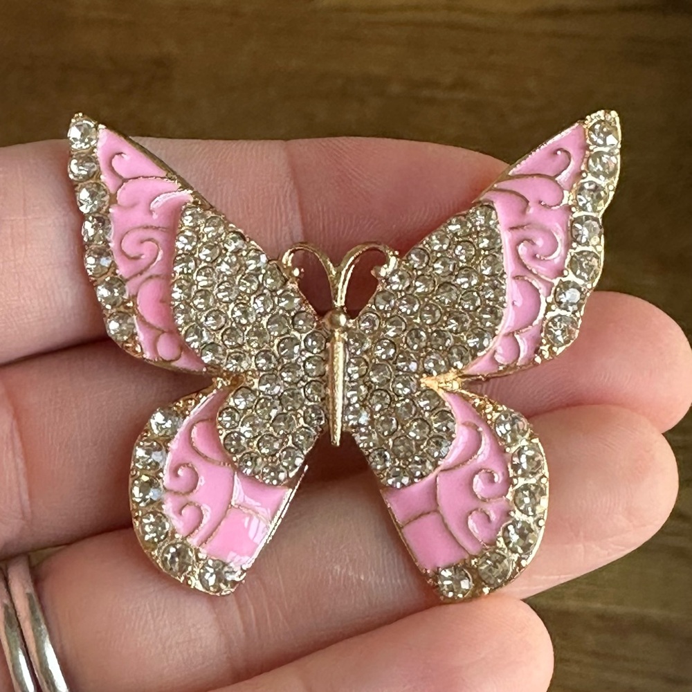 Vintage Style Pink Enamel & Rhinestone Butterfly Brooch | Gold Tone Pin | NEW